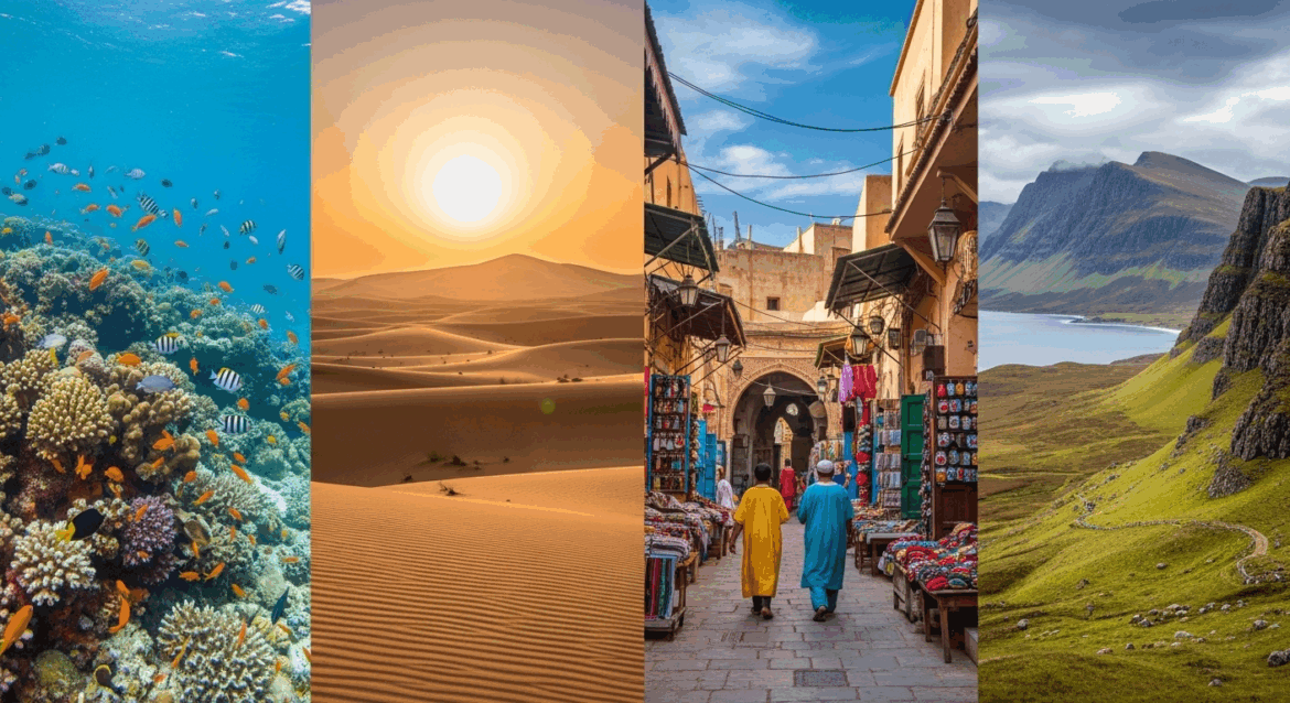 A captivating collage showcasing four unique alternative tourism destinations, each characterized by distinct landscapes, cultures, and activities, designed to inspire adventurous travel experiences. no texts on scene. keywords: photorealistic style, high resolution, 4k details, HDR, cinematic lighting, professional photography, studio lighting, vibrant colors.