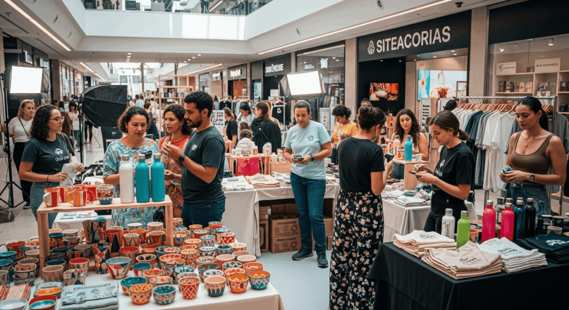 A vibrant market scene depicting diverse Brazilian consumers engaging with sustainable brands, featuring eco-friendly products and colorful displays in a bright, modern shopping environment. No texts on scene. Keywords: photorealistic style, high resolution, 4k details, HDR, cinematic lighting, professional photography, studio lighting, vibrant colors.