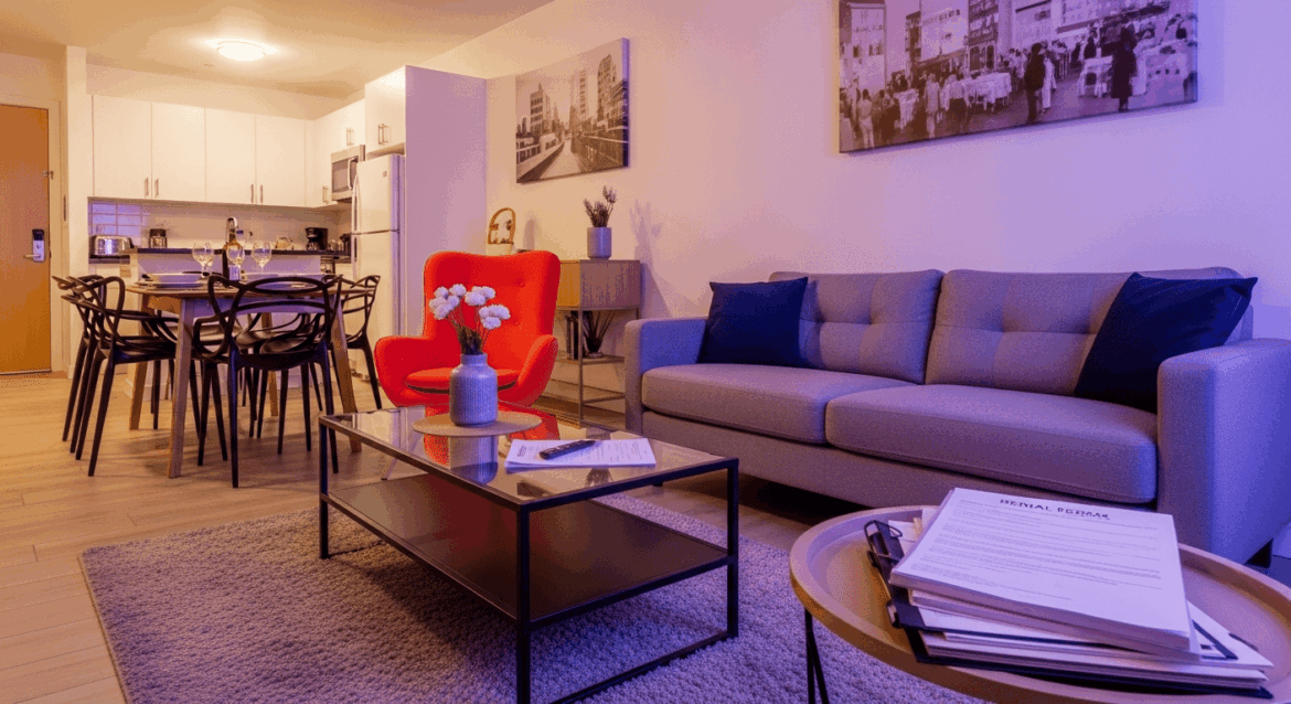 A modern, stylish apartment interior showcasing essential elements such as furniture, rental documents, and a welcoming atmosphere, conveying the theme of wise renting decisions. No texts on scene. Keywords: photorealistic style, high resolution, 4k details, HDR, cinematic lighting, professional photography, studio lighting, vibrant colors.