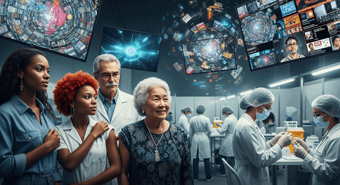 A visually striking scene depicting a diverse group of Brazilian citizens observing a vaccination center, with a clear contrast between the trust in vaccination and the swirling chaotic imagery of fake news, suggesting a vibrant yet conflicting atmosphere of hope and misinformation. no texts on scene. photorealistic style, high resolution, 4k details, HDR, cinematic lighting, professional photography, studio lighting, vibrant colors.