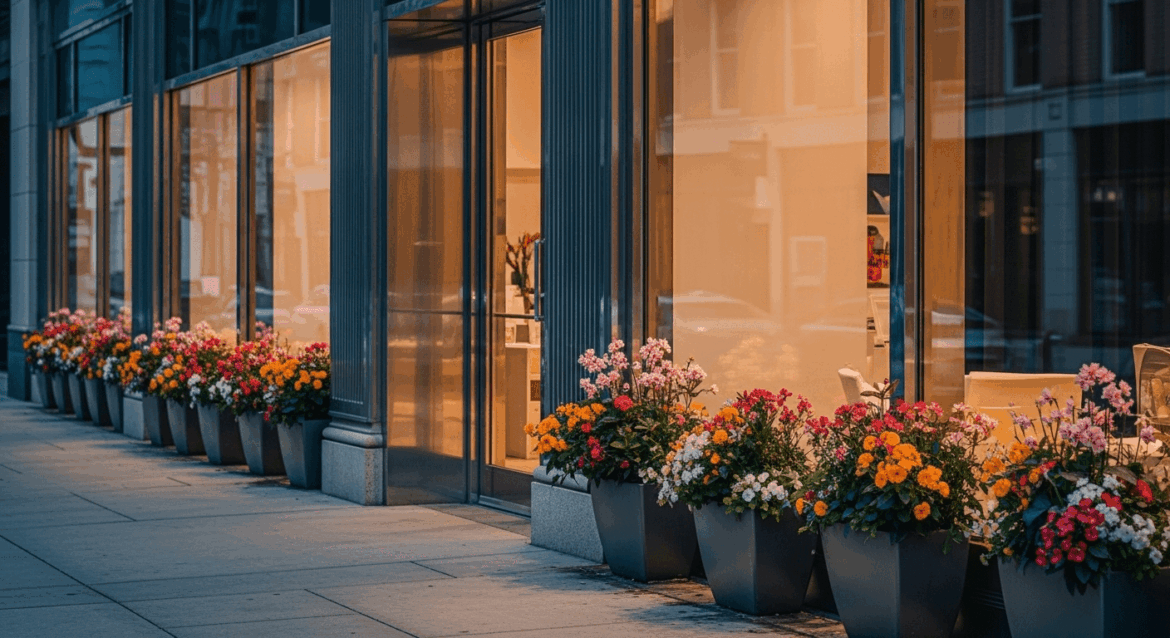 A modern storefront with polished glass windows, vibrant flowers in planters, and inviting lighting, showcasing the importance of a well-maintained facade. No texts on scene. Keywords: photorealistic style, high resolution, 4k details, HDR, cinematic lighting, professional photography, studio lighting, vibrant colors.