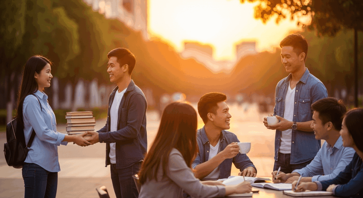 A serene university campus scene during sunset captures students engaging in acts of kindness, exchanging smiles and helping each other, symbolizing the theme of gentleness in a vibrant educational environment. no texts on scene. Photorealistic style, high resolution, 4k details, HDR, cinematic lighting, professional photography, studio lighting, vibrant colors.