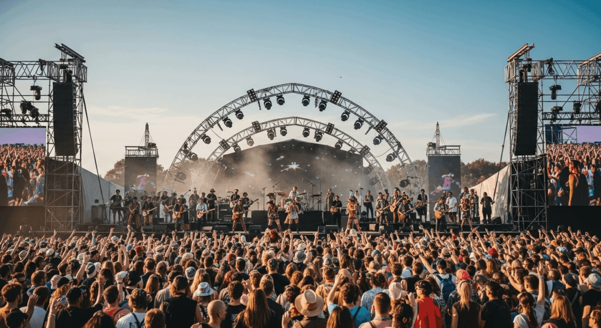 A vibrant and dynamic outdoor music festival scene featuring over 150 musicians and singers passionately performing on a large stage, surrounded by an enthusiastic crowd under a clear blue sky. no texts on scene. Keywords: photorealistic style, high resolution, 4k details, HDR, cinematic lighting, professional photography, studio lighting, vibrant colors.