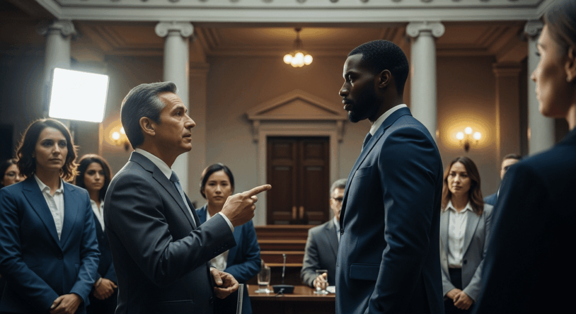 A dynamic scene depicting a high-stake negotiation between representatives of mining companies and government officials, set against a backdrop of an international courtroom with an air of tension and gravity. no texts on scene. Keywords: photorealistic style, high resolution, 4k details, HDR, cinematic lighting, professional photography, studio lighting, vibrant colors.