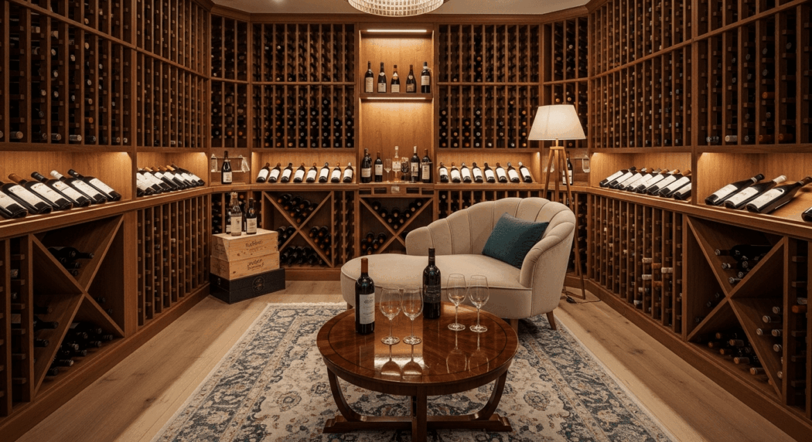 A cozy and modern home wine cellar featuring elegant wooden racks filled with various wine bottles, soft ambient lighting, and a charming seating area for tasting, creating an inviting atmosphere. No texts on scene. Keywords: photorealistic style, high resolution, 4k details, HDR, cinematic lighting, professional photography, studio lighting, vibrant colors.
