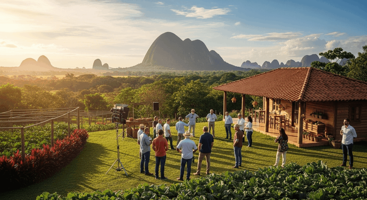 A vibrant outdoor scene depicting a family-run farm showcasing organic produce, innovative farming techniques, and a diverse group of farmers sharing ideas at a lively business summit, set against a backdrop of Bahia's landscape. no texts on scene. photorealistic style, high resolution, 4k details, HDR, cinematic lighting, professional photography, studio lighting, vibrant colors.