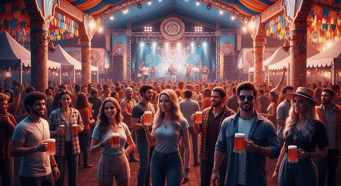 A vibrant scene depicting a bustling beer festival in Alagoinhas, featuring diverse attendees sampling various craft beers from around the world, with colorful tents and decorations, set against a backdrop of lively music and entertainment. no texts on scene. photorealistic style, high resolution, 4k details, HDR, cinematic lighting, professional photography, studio lighting, vibrant colors.