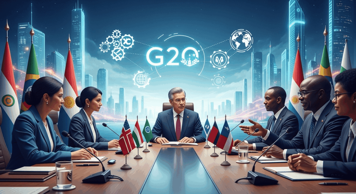 A vibrant scene depicting a global conference table adorned with flags of G20 nations, where diverse leaders passionately discuss innovative income transfer solutions, ensuring prosperity for 500 million individuals worldwide, set against a backdrop of modern cityscapes and international cooperation symbols. no texts on scene. Photorealistic style, high resolution, 4k details, HDR, cinematic lighting, professional photography, studio lighting, vibrant colors.