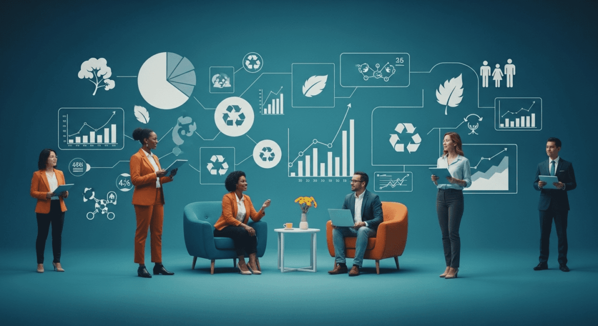 A detailed analysis of candidates' proposals regarding socio-environmental issues, depicted in a professional setting with charts, graphs, and diverse individuals engaged in discussion, surrounded by symbols representing nature and social responsibility. No texts on scene. Keywords: photorealistic style, high resolution, 4k details, HDR, cinematic lighting, professional photography, studio lighting, vibrant colors.