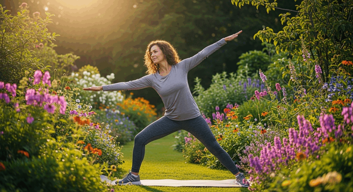 A serene landscape showcasing a middle-aged person engaging in gentle physical activity, surrounded by nature, emphasizing the theme of wellness and relief from arthritis symptoms through controlled exercise. no texts on scene. high resolution, 4k details, HDR, cinematic lighting, professional photography, studio lighting, vibrant colors.