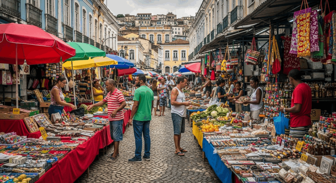 A dynamic urban landscape in Salvador highlights the bustling market life, with various vendors showcasing goods amidst a backdrop of evolving economic activity represented by fluctuating price tags and lively interactions among shoppers. No texts on scene. Keywords: photorealistic style, high resolution, 4k details, HDR, cinematic lighting, professional photography, studio lighting, vibrant colors.