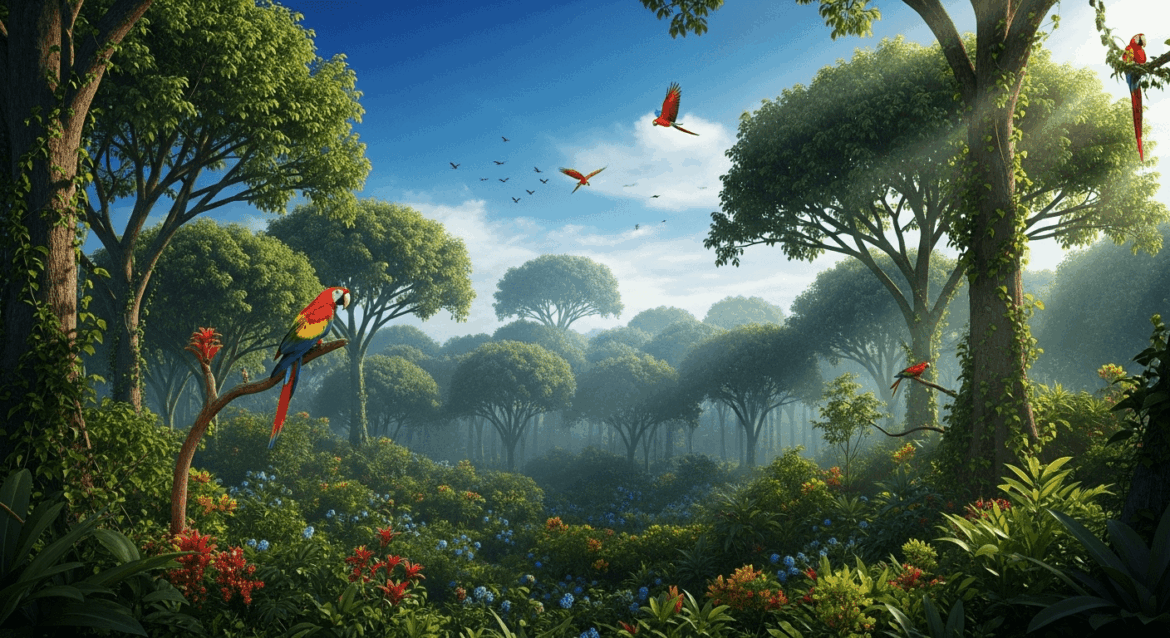 A vibrant and lush Brazilian landscape portraying Bahia's rich biodiversity, showcasing dense forests thriving and flourishing with wildlife, symbolizing its leadership in reducing deforestation with a clear sky above and a gentle sunlight filtering through the trees. no texts on scene. photorealistic style, high resolution, 4k details, HDR, cinematic lighting, professional photography, studio lighting, vibrant colors.