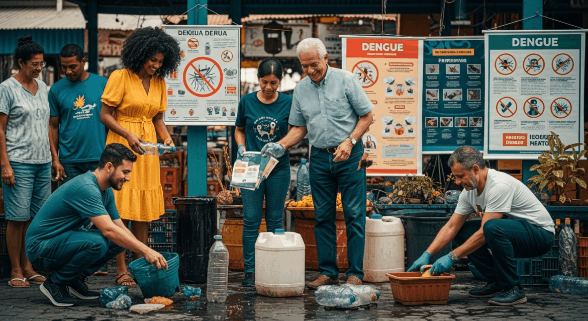 A vibrant public health awareness scene in Bahia, showcasing a community gathering where residents are engaged in preventive measures against dengue, such as cleaning and removing stagnant water, with colorful visuals of pamphlets and health education tools in the background. No texts on scene. Photorealistic style, high resolution, 4k details, HDR, cinematic lighting, professional photography, studio lighting, vibrant colors.