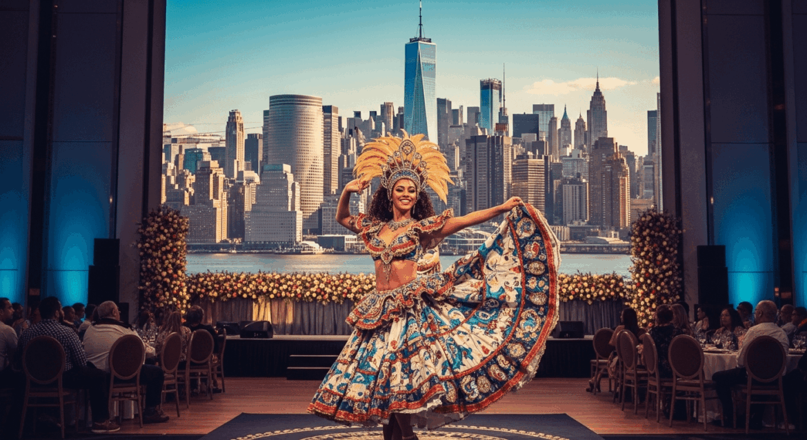 A vibrant scene depicting a Baiana dancer elegantly performing in front of a grand stage at a prestigious congress in New York, with the city skyline illuminating the background, celebrating cultural diversity and unity. no texts on scene. photorealistic style, high resolution, 4k details, HDR, cinematic lighting, professional photography, studio lighting, vibrant colors.