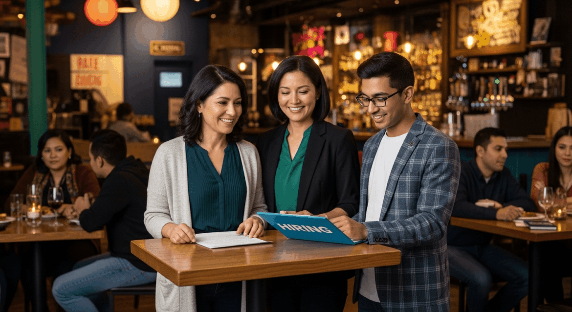 A bustling bar and restaurant scene showcasing staff members enthusiastically planning a hiring event, with a backdrop of vibrant decor, filled tables, and bustling patrons enjoying their meals, encapsulating the spirit of resilience in the face of challenges. No texts on scene. Keywords: photorealistic style, high resolution, 4k details, HDR, cinematic lighting, professional photography, studio lighting, vibrant colors.