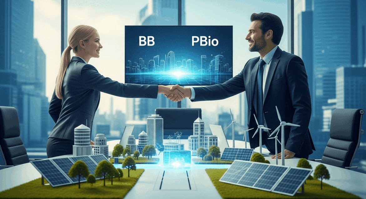 A futuristic business meeting room with representatives from BB and PBio shaking hands over a large table adorned with renewable energy models, solar panels, and wind turbines under bright, inspirational lighting. No texts on scene. Keywords: photorealistic style, high resolution, 4k details, HDR, cinematic lighting, professional photography, studio lighting, vibrant colors.
