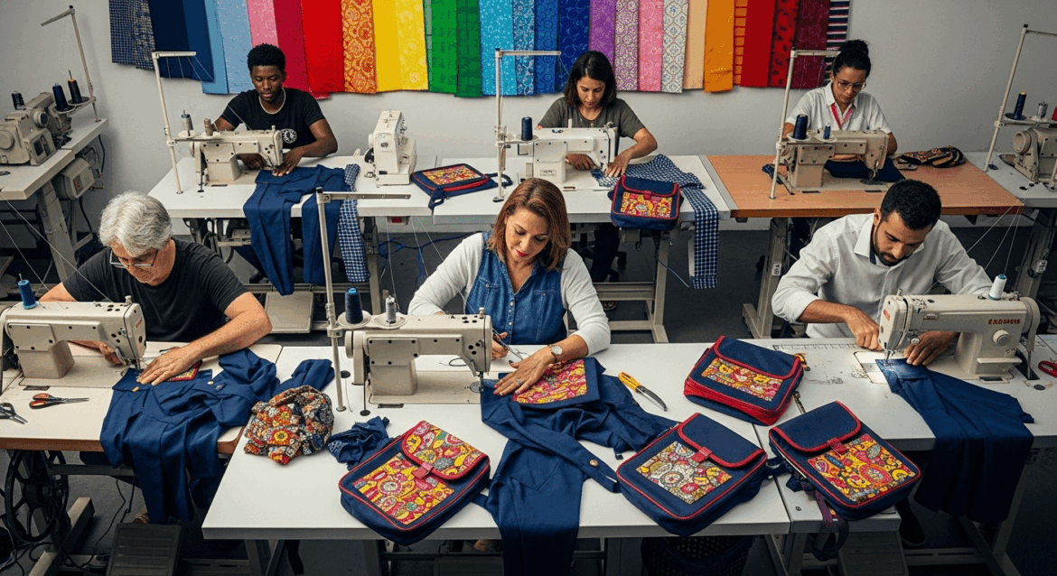 A vibrant scene of skilled artisans in Niterói transforming old uniforms into colorful school bags and cases, surrounded by sewing machines and fabric swatches, showcasing creativity and sustainability. no texts on scene. Keywords: photorealistic style, high resolution, 4k details, HDR, cinematic lighting, professional photography, studio lighting, vibrant colors.