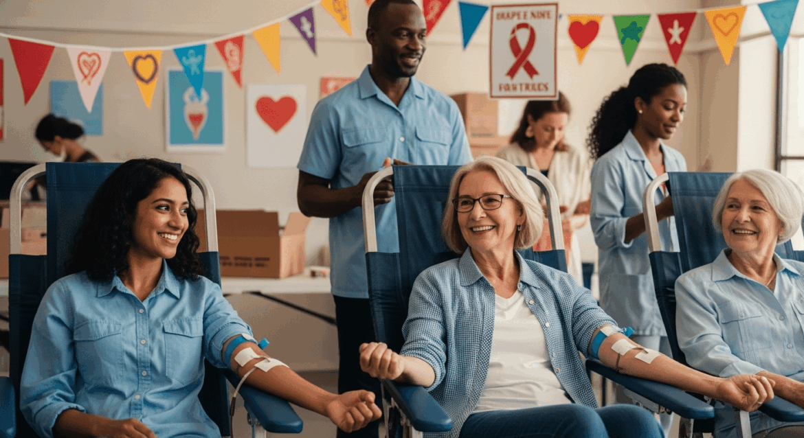 A vivid scene depicting a group of diverse volunteers joyfully sharing their inspiring stories about blood donation, set in a well-lit community center with banners and heartwarming symbolism of hope and altruism. no texts on scene. photorealistic style, high resolution, 4k details, HDR, cinematic lighting, professional photography, studio lighting, vibrant colors.
