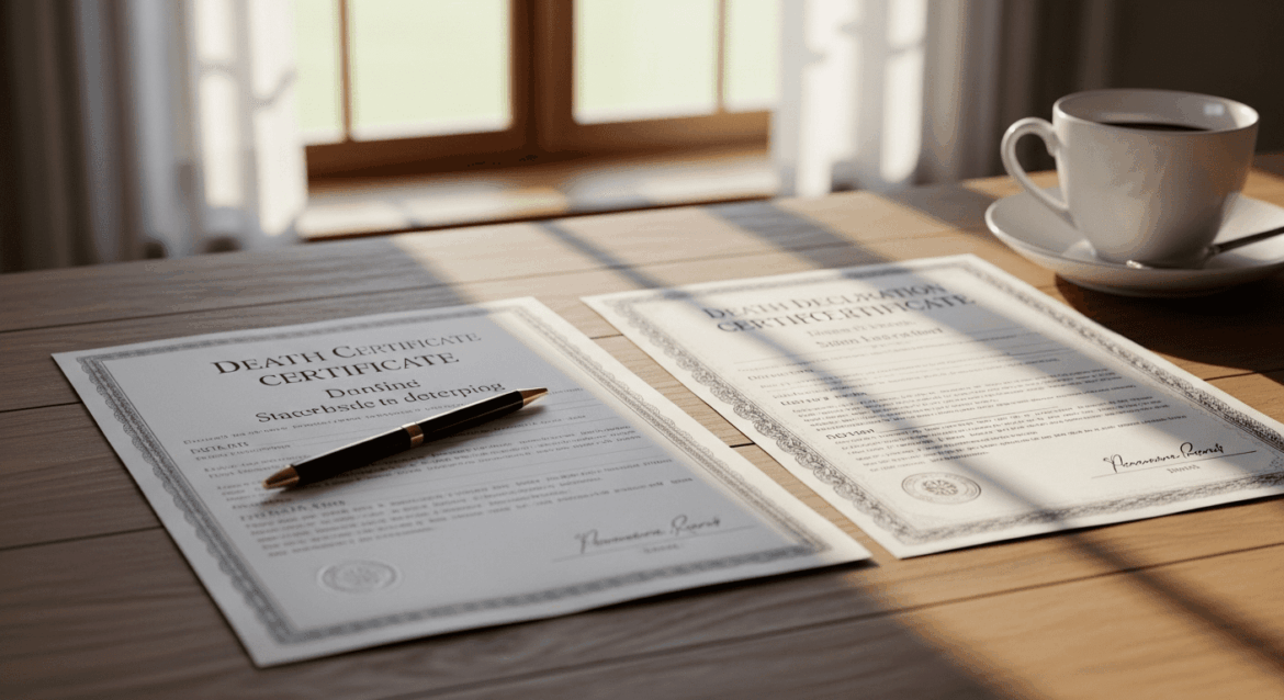 A visually contrasting scene depicting the documents of a death certificate and a death declaration certificate laid side by side on a wooden table, with a soft light filtering in from a nearby window, emphasizing the textures of the paper and the solemnity of the topic. No texts on scene. Keywords: photorealistic style, high resolution, 4k details, HDR, cinematic lighting, professional photography, studio lighting, vibrant colors.