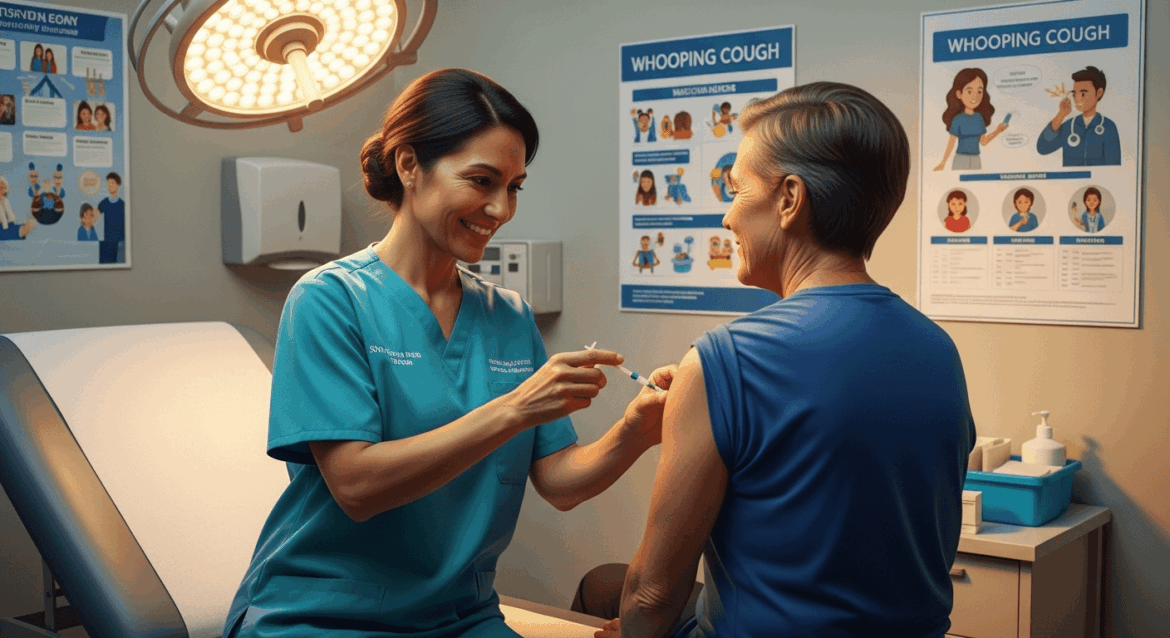 A serene healthcare setting depicting a healthcare professional administering a vaccine dosage to a patient, surrounded by educational posters about whooping cough and vaccination schedules, emphasizing community health awareness. no texts on scene. Keywords: photorealistic style, high resolution, 4k details, HDR, cinematic lighting, professional photography, studio lighting, vibrant colors.