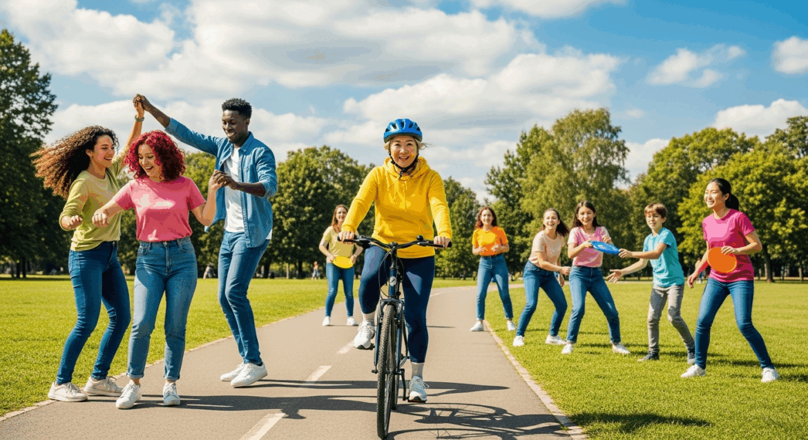 A vibrant scene depicting a diverse group of people engaging in various fun physical activities outdoors, like dancing, cycling, and playing games in a sunny park, showcasing joyful expressions and energetic movements. No texts on scene. Photorealistic style, high resolution, 4k details, HDR, cinematic lighting, professional photography, studio lighting, vibrant colors.