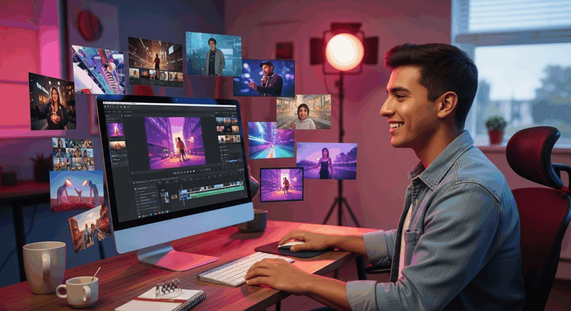 A visually engaging scene depicting a beginner video editor utilizing AI software on a modern computer, surrounded by dynamic video editing elements like colorful clips and graphic overlays, illustrating ease of content creation. no texts on scene. Keywords: photorealistic style, high resolution, 4k details, HDR, cinematic lighting, professional photography, studio lighting, vibrant colors.
