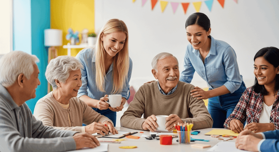A poignant scene depicting a compassionate community center with elderly individuals engaged in safe activities, surrounded by volunteers offering support, conveying the importance of care and protection against violence. No texts on scene. Keywords: photorealistic style, high resolution, 4k details, HDR, cinematic lighting, professional photography, studio lighting, vibrant colors.