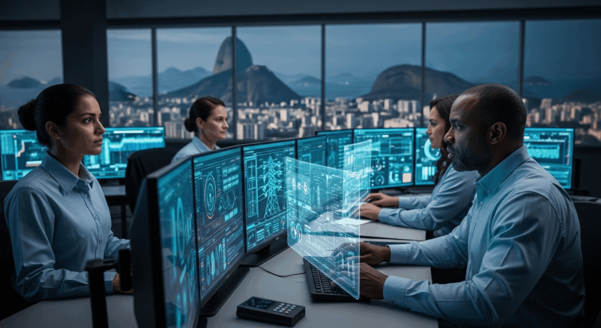A dynamic and innovative control room showcasing advanced technology and holographic displays, where experts analyze data and monitor energy grids to prevent blackouts in Rio de Janeiro. no texts on scene. Keywords: photorealistic style, high resolution, 4k details, HDR, cinematic lighting, professional photography, studio lighting, vibrant colors.