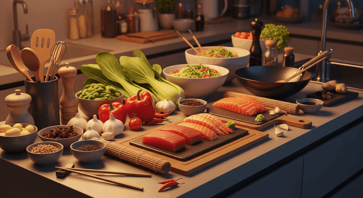 A serene kitchen scene with an array of fresh Asian ingredients, including colorful vegetables, aromatic spices, and traditional utensils, all set for the preparation of iconic dishes like sushi, ramen, and stir-fry. No texts on scene. Keywords: photorealistic style, high resolution, 4k details, HDR, cinematic lighting, professional photography, studio lighting, vibrant colors.