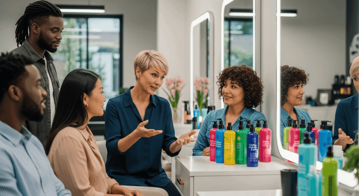 A detailed scene depicting a modern hair care consultation in a stylish salon, featuring an expert stylist discussing various shampoo formulas with a diverse group of clients, showcasing an array of colorful shampoo bottles and hair types. No texts on scene. Keywords: photorealistic style, high resolution, 4k details, HDR, cinematic lighting, professional photography, studio lighting, vibrant colors.