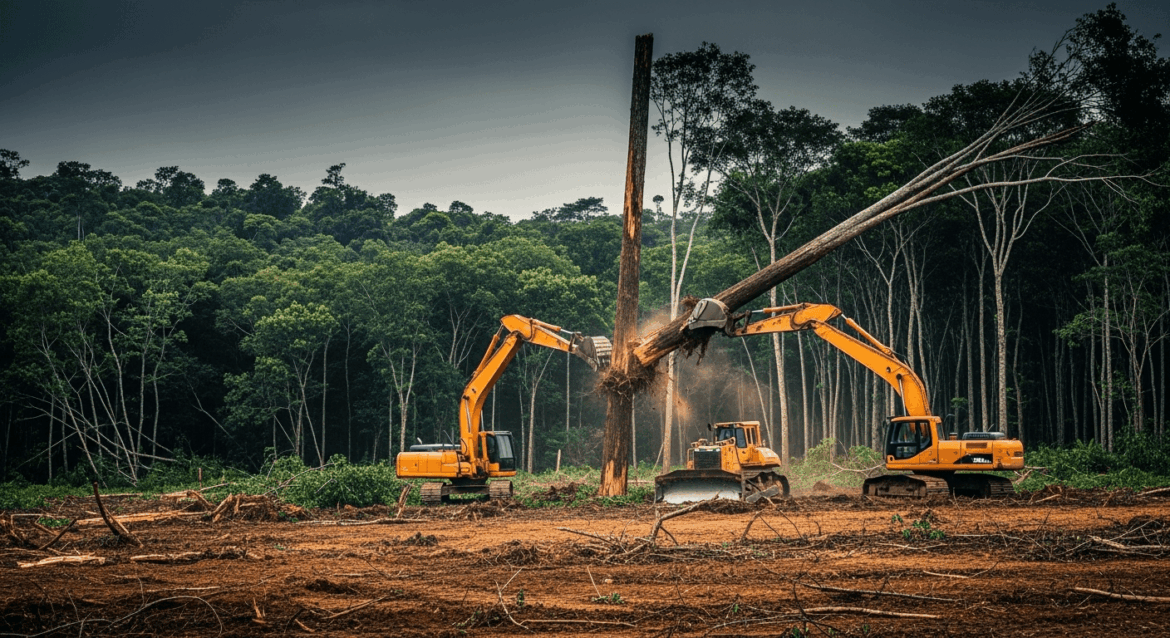 A dramatic scene depicting the deforestation of the Atlantic Forest, featuring heavy machinery cutting down trees, with a stark contrast between the lush greenery and the barren ground, under a heavy, grey sky. no texts on scene. Photorealistic style, high resolution, 4k details, HDR, cinematic lighting, professional photography, studio lighting, vibrant colors.