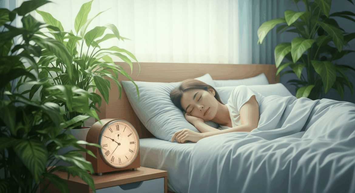 A serene bedroom setting with soft, calming colors, featuring a person peacefully sleeping while surrounded by symbols of health and nature, such as plants and a clock showing a restful time. No texts on scene. Keywords: photorealistic style, high resolution, 4k details, HDR, cinematic lighting, professional photography, studio lighting, vibrant colors.