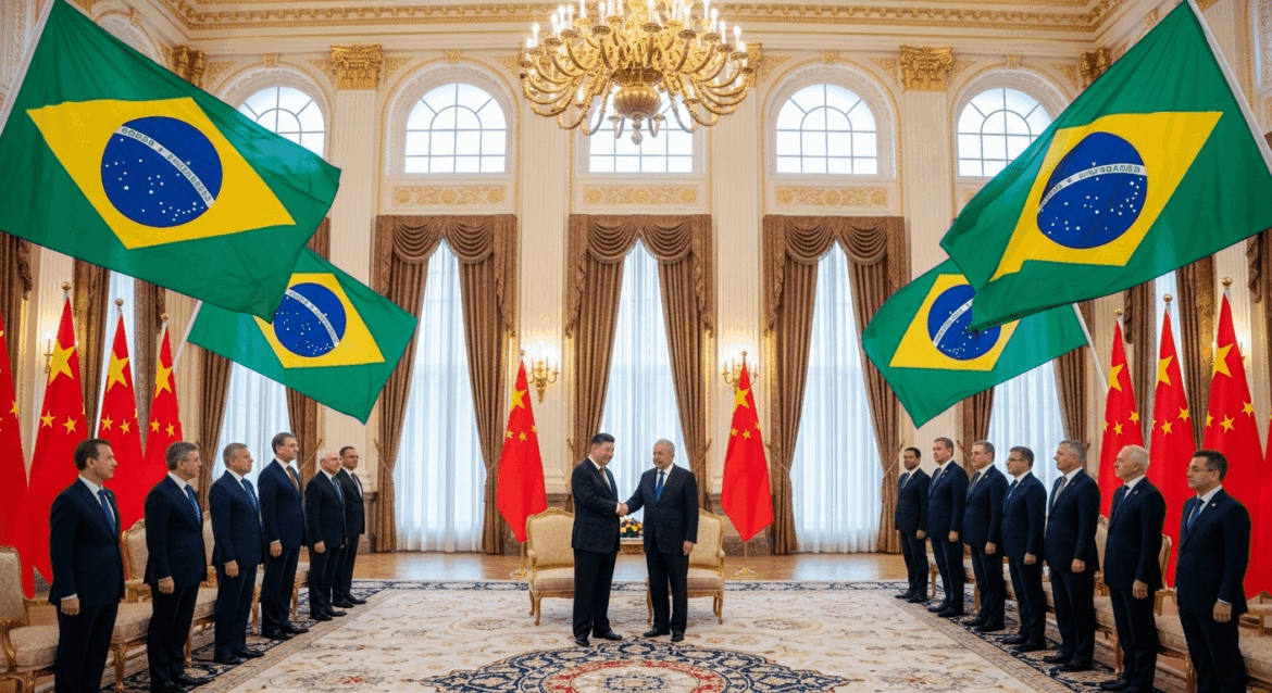 A grand diplomatic scene depicting a formal state visit between President Xi Jinping of China and a Brazilian leader, showcasing a vibrant backdrop of both countries' flags, luxurious decor, and a warm handshake surrounded by dignitaries, capturing a moment of strengthened bilateral relations. No texts on scene. Photorealistic style, high resolution, 4k details, HDR, cinematic lighting, professional photography, studio lighting, vibrant colors.