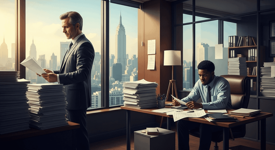 A dramatic visual scene depicting a wealthy businessman in an opulent office, overlooking a city skyline, surrounded by papers and tax documents, contrasting sharply with a stressed office worker at a cluttered desk, illustrating the disparity in tax burdens, with a focus on their expressions of concern and contemplation. No texts on scene. Keywords: photorealistic style, high resolution, 4k details, HDR, cinematic lighting, professional photography, studio lighting, vibrant colors.