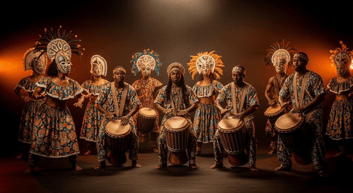 A vibrant and dynamic scene showcasing a colorful performance celebrating African and Afro-Brazilian cultures, with dancers adorned in traditional attire, intricate masks, and drumming, under bright stage lights that enhance the cultural richness. No texts on scene. Keywords: photorealistic style, high resolution, 4k details, HDR, cinematic lighting, professional photography, studio lighting, vibrant colors.