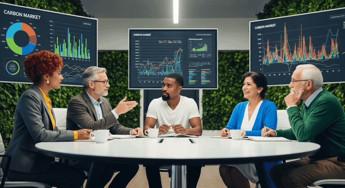 A visual scene depicting a panel of environmental experts engaged in a heated discussion, with charts and graphs illustrating carbon market data in the background, set in a modern conference room filled with eco-friendly decor. No texts on scene. Photorealistic style, high resolution, 4k details, HDR, cinematic lighting, professional photography, studio lighting, vibrant colors.