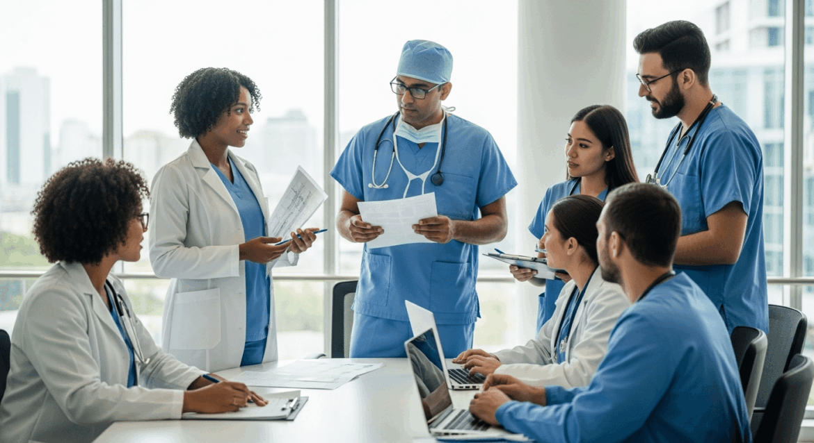 A captivating scene depicting a group of diverse medical professionals in a modern hospital in Bahia, engaged in a dynamic discussion about their medical residency experiences, with an emphasis on compassion and innovation in healthcare. No texts on scene. Keywords: photorealistic style, high resolution, 4k details, HDR, cinematic lighting, professional photography, studio lighting, vibrant colors.
