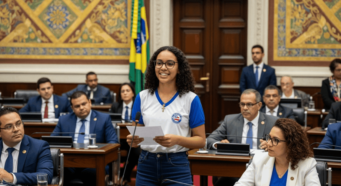 A vibrant and youthful student from the suburbs of Salvador, confidently presenting ideas in a dynamic assembly setting, surrounded by representatives from various regions in a richly decorated chamber, reflecting the essence of Bahia. no texts on scene. photorealistic style, high resolution, 4k details, HDR, cinematic lighting, professional photography, studio lighting, vibrant colors.