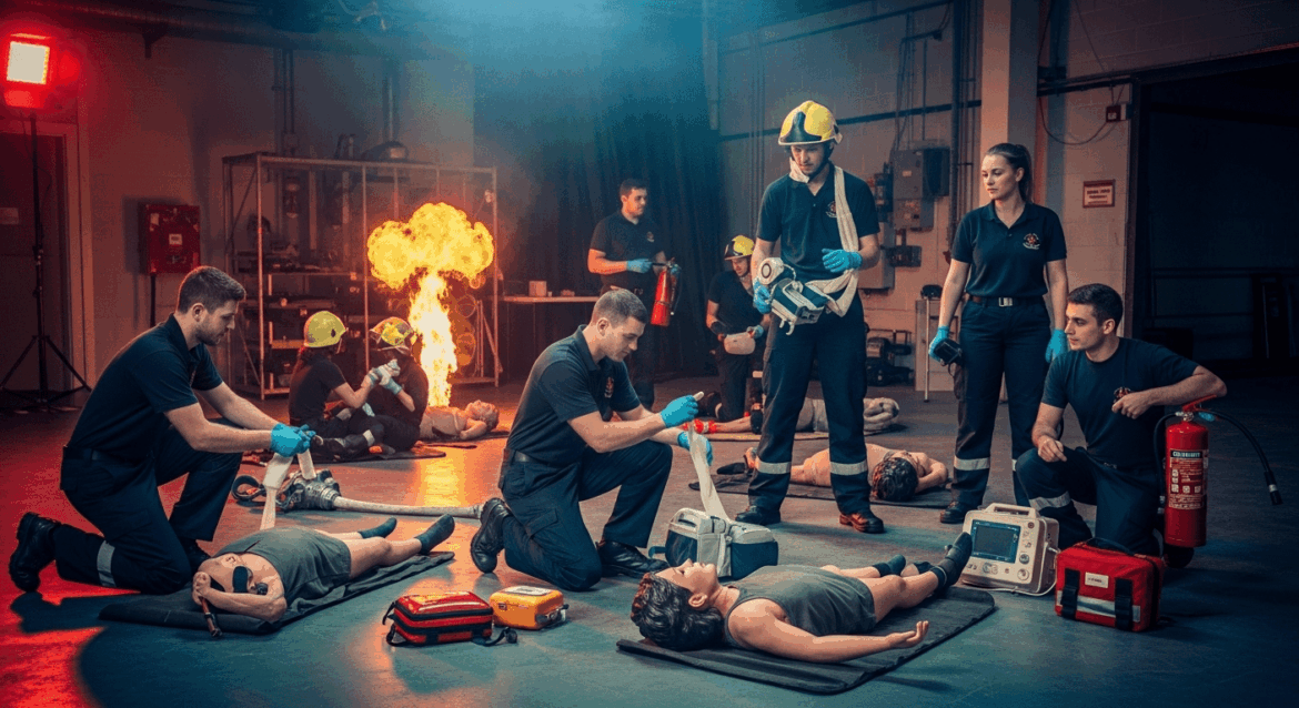 A dynamic scene depicts students in a training session, practicing first aid techniques and fire combat procedures, set in a modern educational environment with safety gear and emergency equipment in use. no texts on scene. Keywords: photorealistic style, high resolution, 4k details, HDR, cinematic lighting, professional photography, studio lighting, vibrant colors.