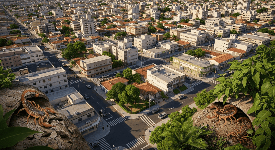 A detailed illustration depicting a vibrant landscape of Jequié, Brazil, highlighting urban areas with a focus on scorpions in their natural habitat, emphasizing awareness and the local environment through dynamic colors and detailed textures. No texts on scene. Keywords: photorealistic style, high resolution, 4k details, HDR, cinematic lighting, professional photography, studio lighting, vibrant colors.
