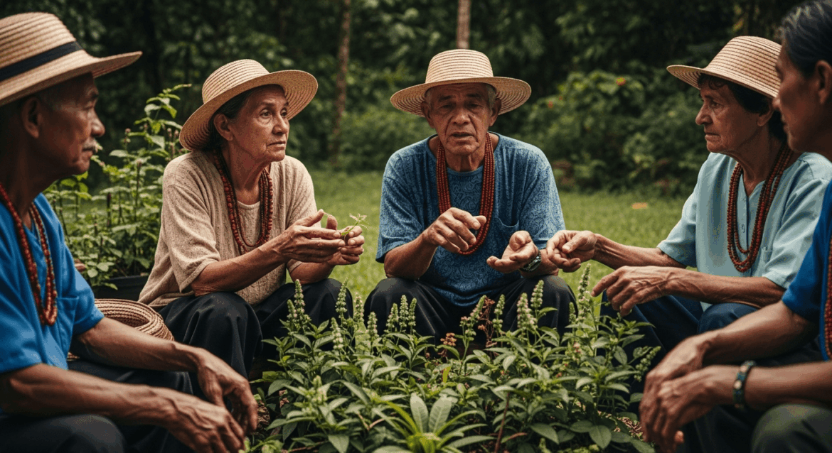 A serene outdoor gathering of elderly quilombola individuals sharing their wisdom and knowledge about traditional medicines, surrounded by lush greenery and vibrant flora associated with medicinal plants. no texts on scene. photorealistic style, high resolution, 4k details, HDR, cinematic lighting, professional photography, studio lighting, vibrant colors.
