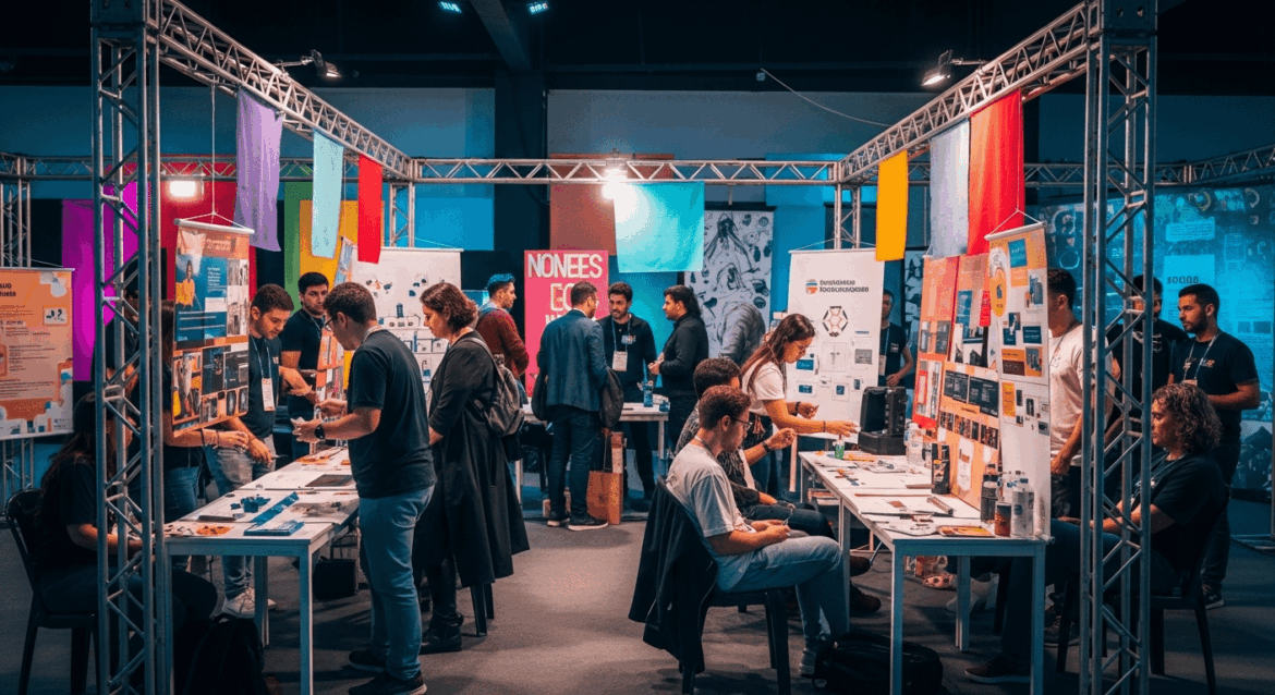 A vibrant scene showcasing an educational gathering in Vitória da Conquista, with diverse groups collaborating on innovative science and culture projects under colorful banners and dynamic displays. no texts on scene. photorealistic style, high resolution, 4k details, HDR, cinematic lighting, professional photography, studio lighting, vibrant colors.