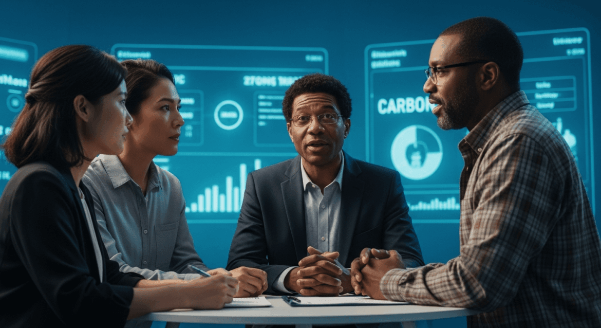 A dynamic conference scene showcasing experts discussing the role of ethanol plants in the carbon capture market, with modern visuals of technology and sustainability in action. no texts on scene. photorealistic style, high resolution, 4k details, HDR, cinematic lighting, professional photography, studio lighting, vibrant colors.