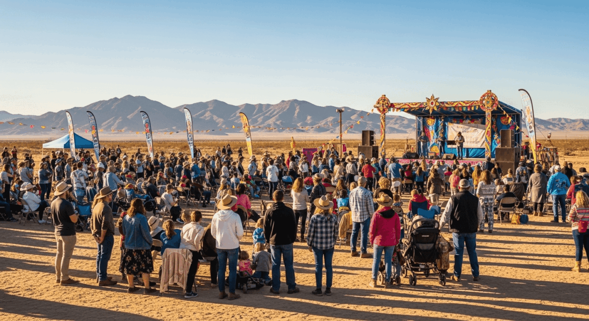 A vibrant gathering scene showcasing an enthusiastic crowd at an outdoor event in Amargosa, filled with inspirational speakers, colorful banners, and engaging activities, all under a bright sky. No texts on scene. Keywords: photorealistic style, high resolution, 4k details, HDR, cinematic lighting, professional photography, studio lighting, vibrant colors.
