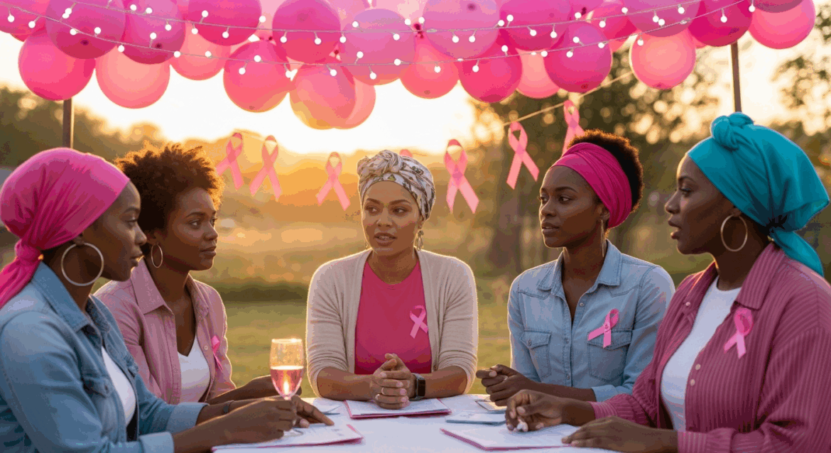 A serene outdoor gathering with survivors sharing their inspiring stories under pink-themed decorations, creating an atmosphere of hope and resilience for breast cancer awareness. no texts on scene. Keywords: photorealistic style, high resolution, 4k details, HDR, cinematic lighting, professional photography, studio lighting, vibrant colors.