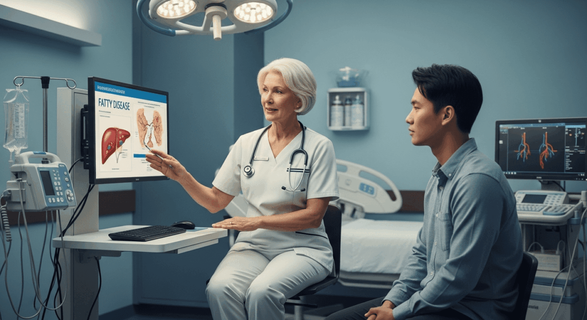 A serene clinical setting showcasing a healthcare professional discussing liver health with a patient, surrounded by modern medical equipment and informative diagrams about fatty liver disease. No texts on scene. Powerful quality keywords: photorealistic style, high resolution, 4k details, HDR, cinematic lighting, professional photography, studio lighting, vibrant colors.