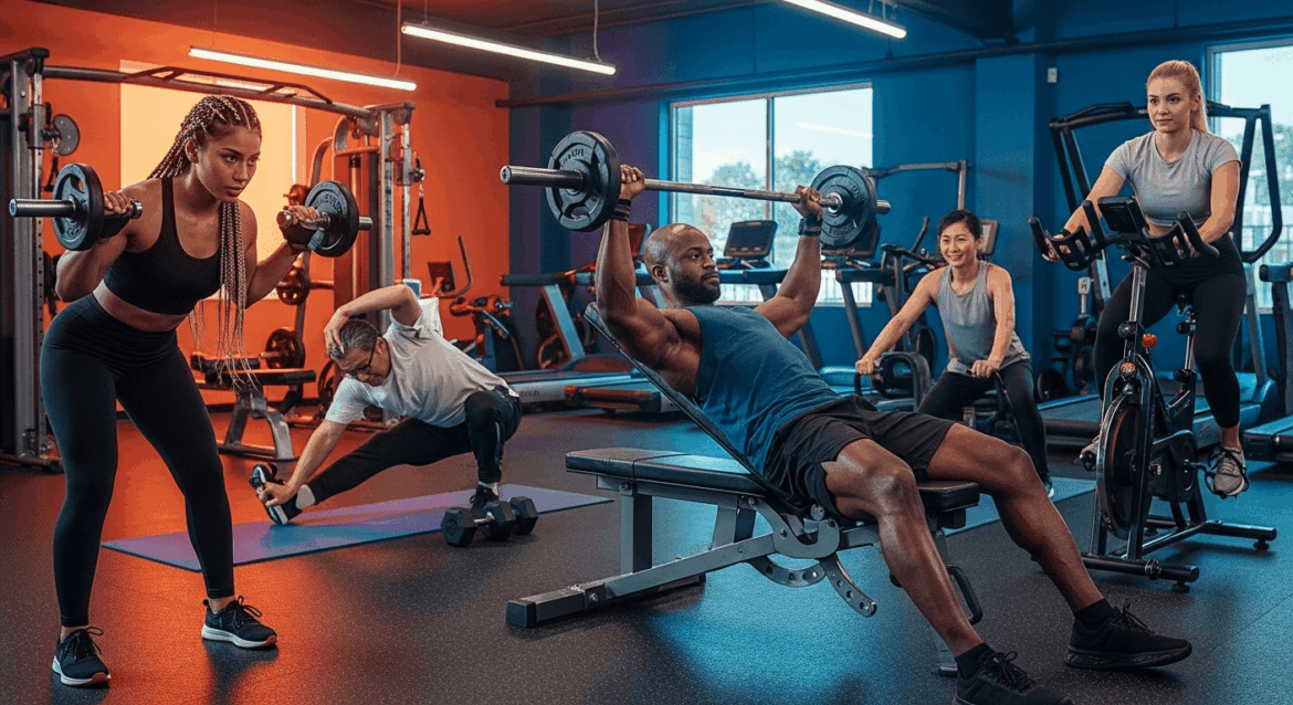 A dynamic gym scene showcasing diverse individuals engaged in various physical exercises, with a background highlighting the vitality and health benefits of an active lifestyle. no texts on scene. Keywords: photorealistic style, high resolution, 4k details, HDR, cinematic lighting, professional photography, studio lighting, vibrant colors.