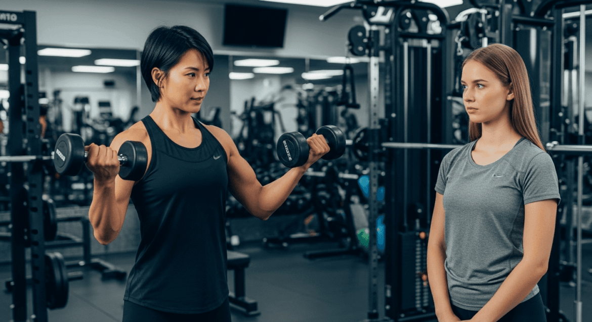 A dynamic scene depicting a fitness expert demonstrating proper exercise techniques in a well-equipped gym, emphasizing correct posture and alignment to prevent spinal strain, with a concerned client observing. no texts on scene. photorealistic style, high resolution, 4k details, HDR, cinematic lighting, professional photography, studio lighting, vibrant colors.