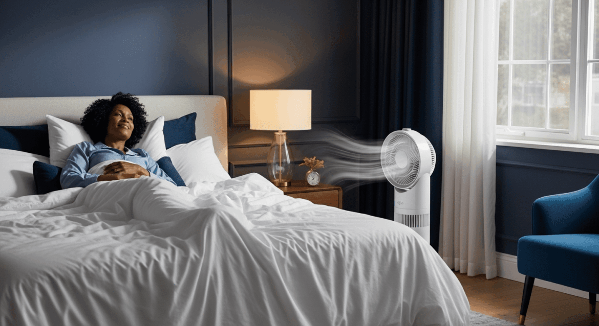 A peaceful bedroom scene depicting a person resting comfortably while a fan gently circulates air, surrounded by calm lighting and cozy decor, enhancing the idea of a good night's sleep. No texts on scene. Keywords: photorealistic style, high resolution, 4k details, HDR, cinematic lighting, professional photography, studio lighting, vibrant colors.