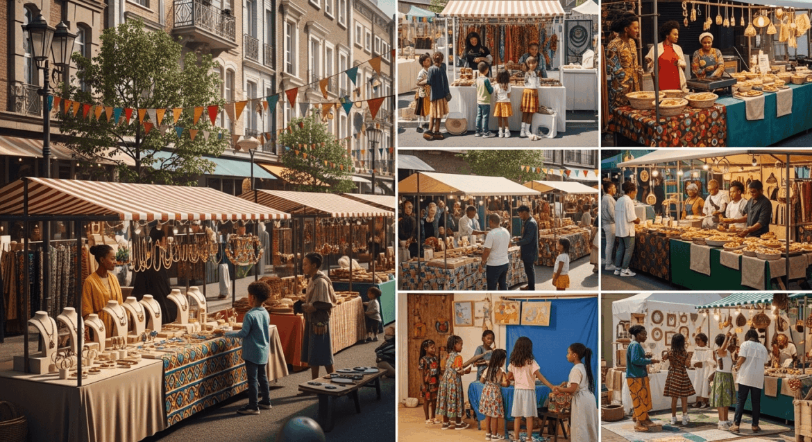 A vibrant street market scene showcasing diverse artisan products, delicious food stalls, engaging children's storytelling sessions, and creative workshops, all radiating the spirit of Afro Fashion Day 2024. no texts on scene. Keywords: photorealistic style, high resolution, 4k details, HDR, cinematic lighting, professional photography, studio lighting, vibrant colors.